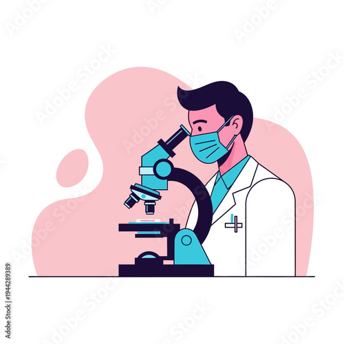 Scientist in mask looking through microscope, medical research, laboratory, science, healthcare