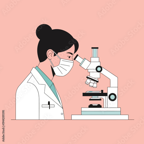 Scientist in mask using microscope, laboratory research, medical science, healthcare, close-up