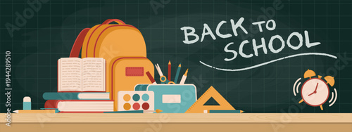 Back to school banner with colorful school supplies