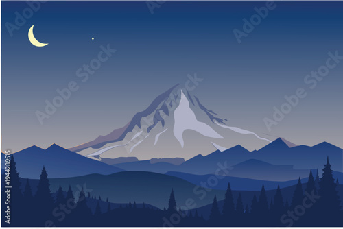 Snowy Mountain Peak at Dusk with Crescent Moon and Star Layered Hills and Pine Forest Silhouette Calm Landscape