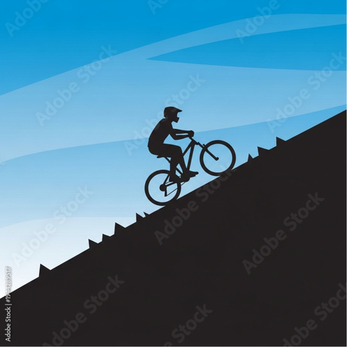 Mountain Biker Riding Down Steep Slope.