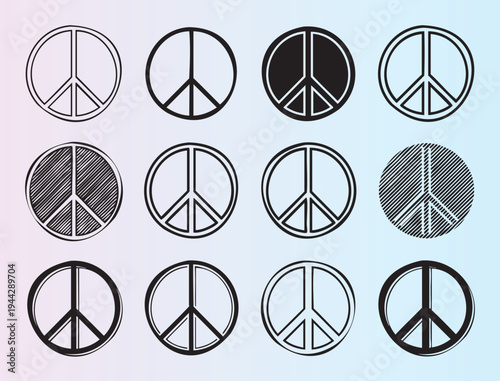 Collection of various peace symbol designs isolated on transparent background