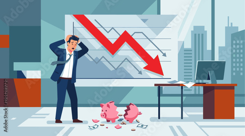 A worried businessman clutches his head in despair, standing before a large graph showing a sharp red downward trend and a broken piggy bank with scattered money, symbolizing significant financial .