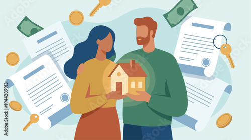 This vibrant flat illustration depicts a happy couple holding a shining house model, celebrating the achievement of home ownership and financial planning amidst scattered documents, keys, and banknote