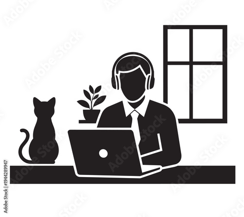 Remote worker silhouette in home office with laptop computer cat and window showing productive telecommuting lifestyle