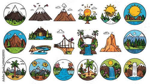  Diverse nature landscape icons set featuring mountains volcano river forest desert tropical island waterfall and hills