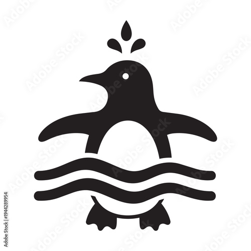 Swimming penguin silhouette icon with water waves and splashes representing aquatic life and antarctic marine biology
