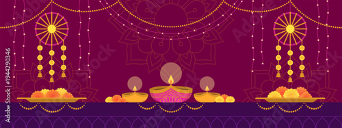 Diwali celebration at home with Diya lamps and decorations on a table