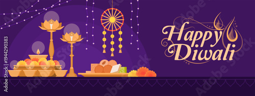 Happy Diwali celebration banner with wishes and traditional items