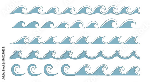Set of Stylized Blue Sea Wave Pattern Borders