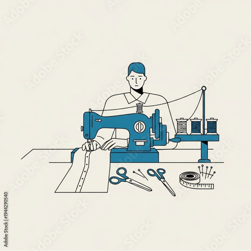 Man Operating Sewing Machine with Tools.