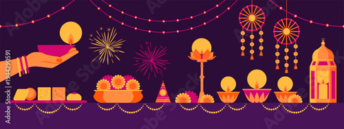 Diwali celebration at home with traditional items and woman holding a lamp