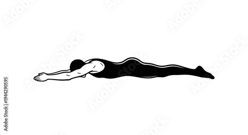 Swimmer in black swimsuit performing freestyle stroke on white background