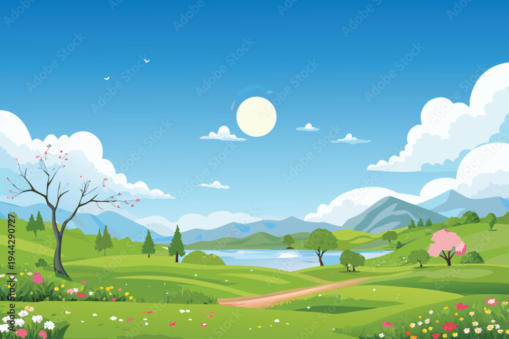 Fototapeta premium Vibrant Spring Landscape with Rolling Hills Lake and Blooming Trees Vector Illustration