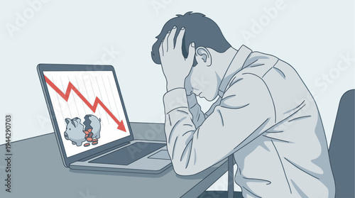 A man reacts with stress and disappointment to financial losses displayed on a laptop screen, which shows a red downward trend and a broken piggy bank with spilled coins against.