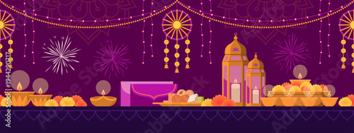 Diwali celebration items and decorations on a table