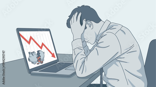 An illustration depicts a distressed man gripping his head, looking at a laptop screen displaying a red downward financial trend and a broken piggy bank, conveying feelings of financial crisis.