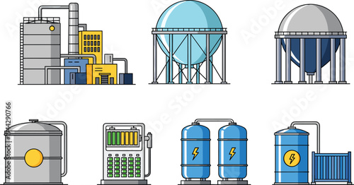Industrial energy and power plant equipment vector illustration set featuring storage tanks, reactors, generators, refinery facilities, technology infrastructure icons