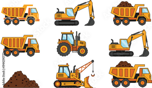 Construction machinery vehicles set including dump truck excavator tractor crane bulldozer and soil pile heavy equipment vector