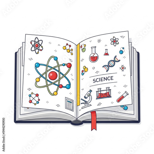 Open Book with Science Illustrations Inside.