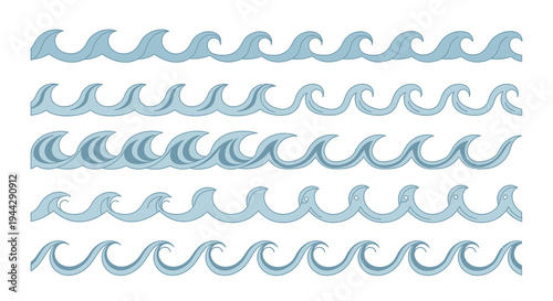 Set of Stylized Blue Decorative Ocean Wave Borders