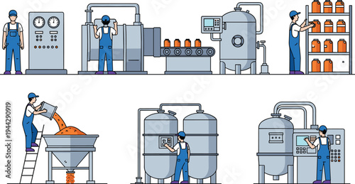 Industrial factory workers operating chemical processing machines tanks control panels production line equipment manufacturing system vector illustration