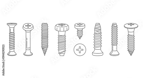 Collection of various metal screw and bolt outline illustrations