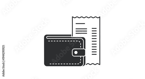 Black Wallet Icon with Paper Receipt on White Background