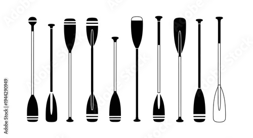Collection of minimalist boat paddle and oar silhouettes