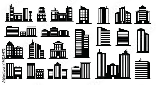 Collection of Black Building Icons and City Skyscraper Silhouettes