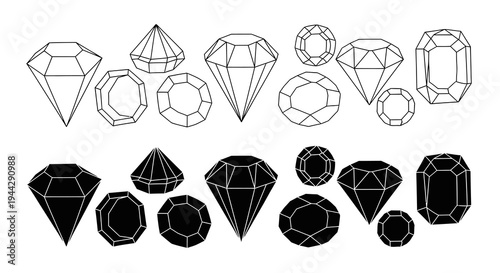 Set of Diamond and Gemstone Outline and Silhouette Icons