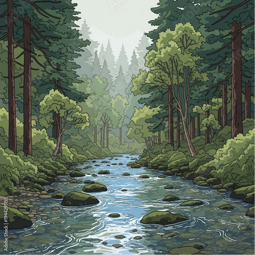 Pixel Art Forest Stream Scene with Trees.