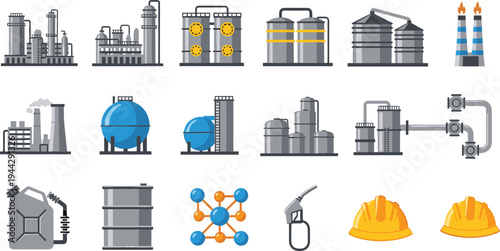 Industrial oil refinery and chemical factory vector icon set with storage tanks, pipelines, fuel pump, safety helmet, barrel