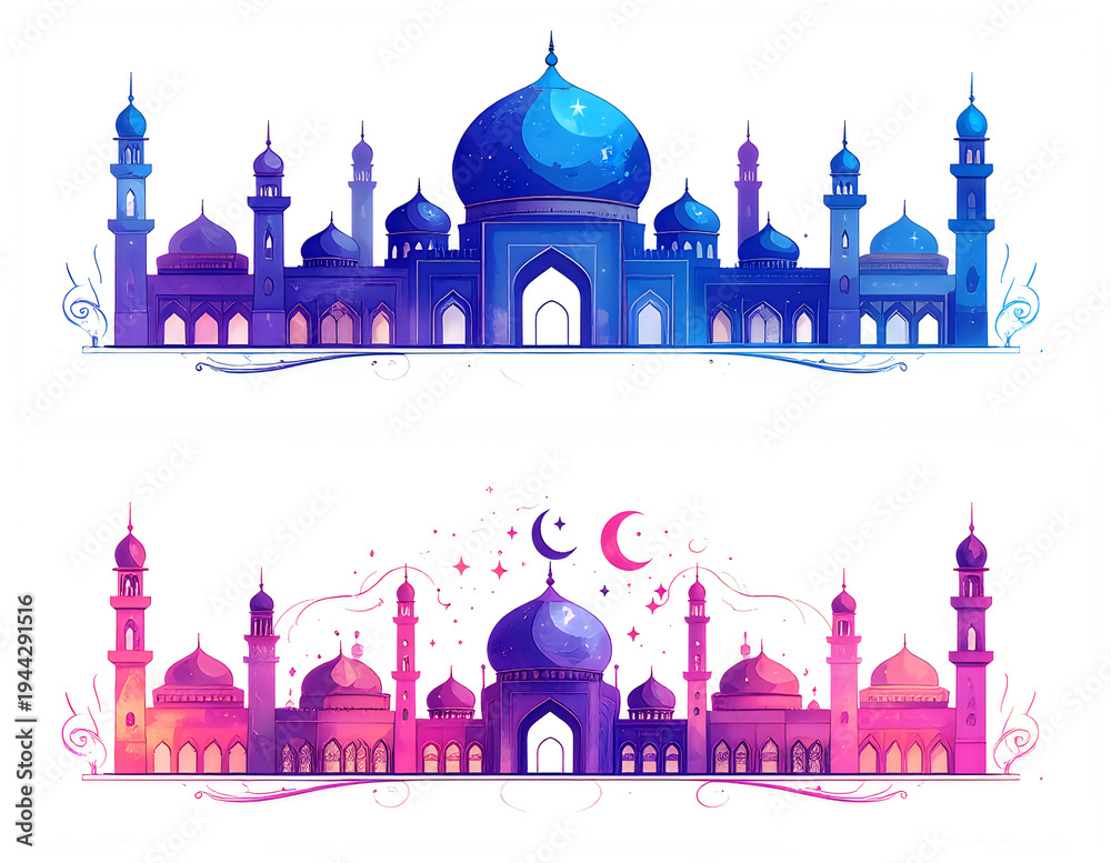 Fototapeta premium Islamic mosque illustration vector art colorful fantasy architecture design