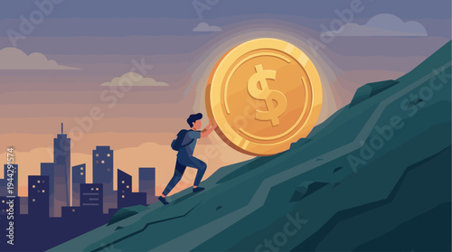 A determined man in a blue shirt and backpack pushes a large golden dollar coin up a steep green hill, with a modern city skyline silhouetted against a beautiful sunset sky in the background.