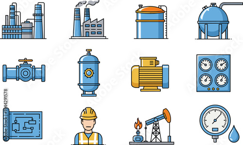 Industrial oil refinery equipment vector icons including factory pipeline valve storage tank pressure gauge engineer pump blueprint