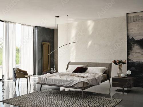 Modern luxury bedroom interior in minimal scandinavian style, 3d render