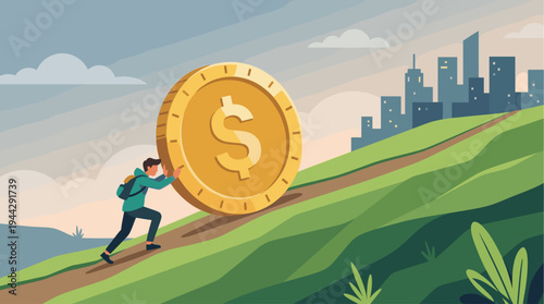 A determined man pushes a giant golden dollar coin up a steep green hill towards a city skyline, symbolizing financial effort, ambition, and wealth building.