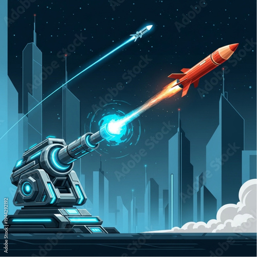 Robot Cannon Launching Orange Space Rocket.