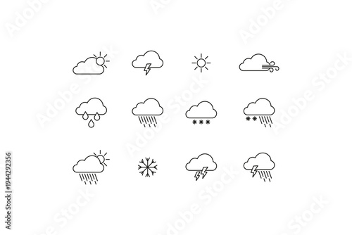 Minimal weather forecast icons set outline style vector