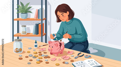 A diligent young woman in a teal sweater carefully mends a broken pink piggy bank surrounded by scattered coins on a light wooden table, illustrating financial repair.