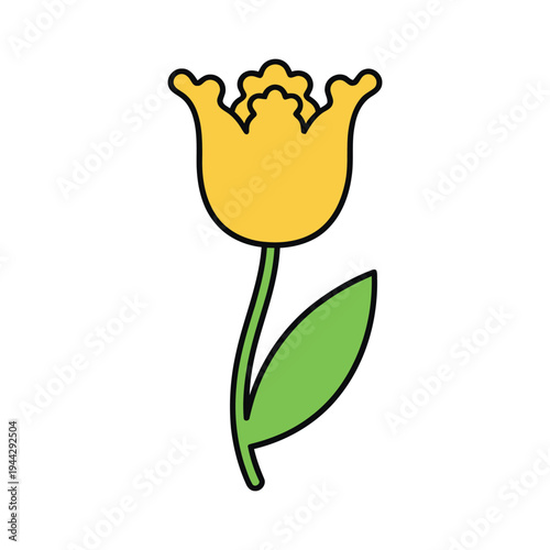 Stylized yellow tulip flower illustration with green stem and leaf, flat cartoon icon isolated on a white background.