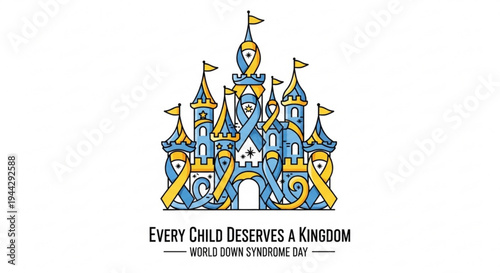 Every child deserves a kingdom world down syndrome day awareness illustration with blue and yellow castle