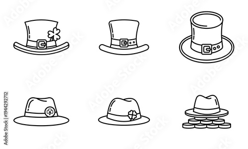 Line art collection of assorted hats including festive Irish-themed headwear graphics