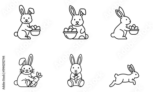 Easter icon collection featuring cute bunnies with eggs and carrots