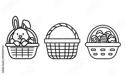 Set of Easter basket icons with a bunny and decorated eggs