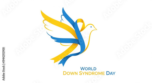 World down syndrome day awareness ribbon bird symbol with blue and yellow colors on white background