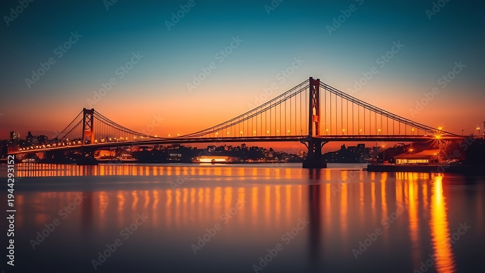 Obraz premium Silhouetted suspension bridge at dusk with city lights