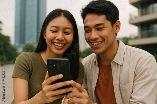 Happy couple enjoying smartphone outdoors.