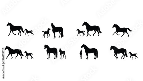 A horse silhouette illustration with foal and human for design elements